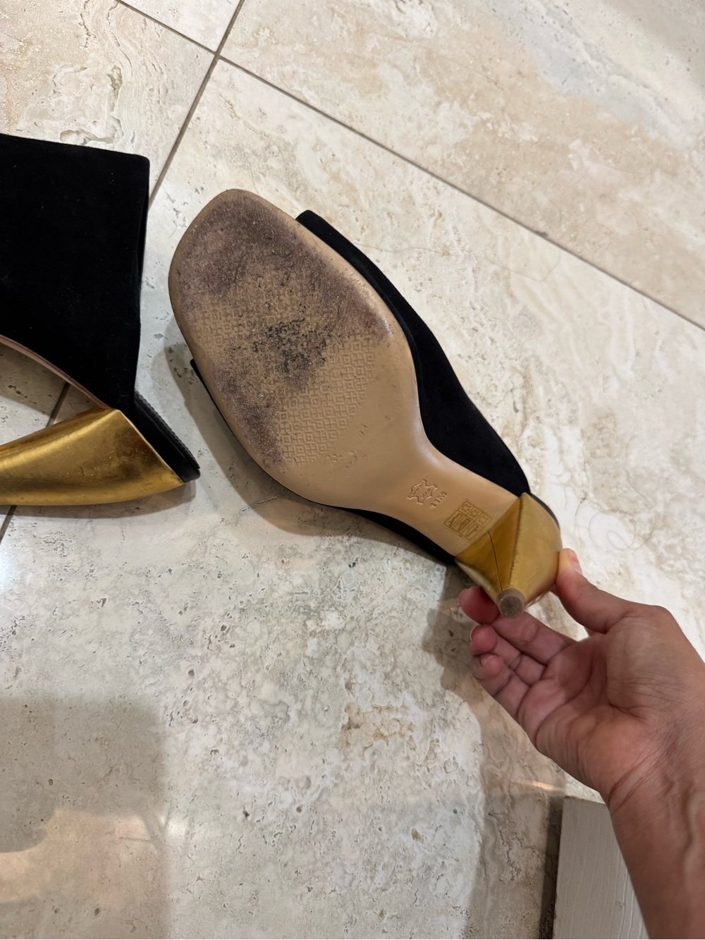 Tory Burch Black Suede Mules with Gold Heel - Picture 4 of 5